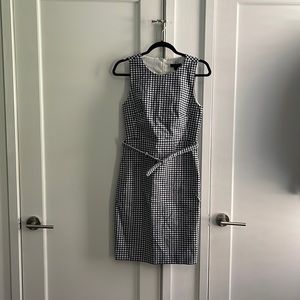 NWT: JCrew navy blue and white gingham dress with built in belt. Size 2.